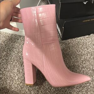 Lulu's Pink Heeled Boots with Chunky Heel and Pointed Toe